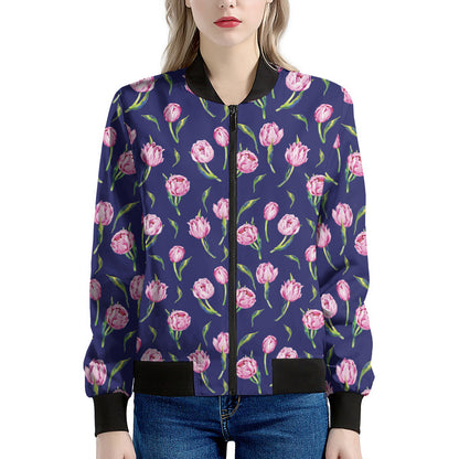 Pink Watercolor Tulip Flower Print Women's Bomber Jacket