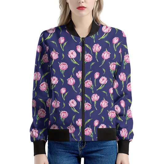 Pink Watercolor Tulip Flower Print Women's Bomber Jacket