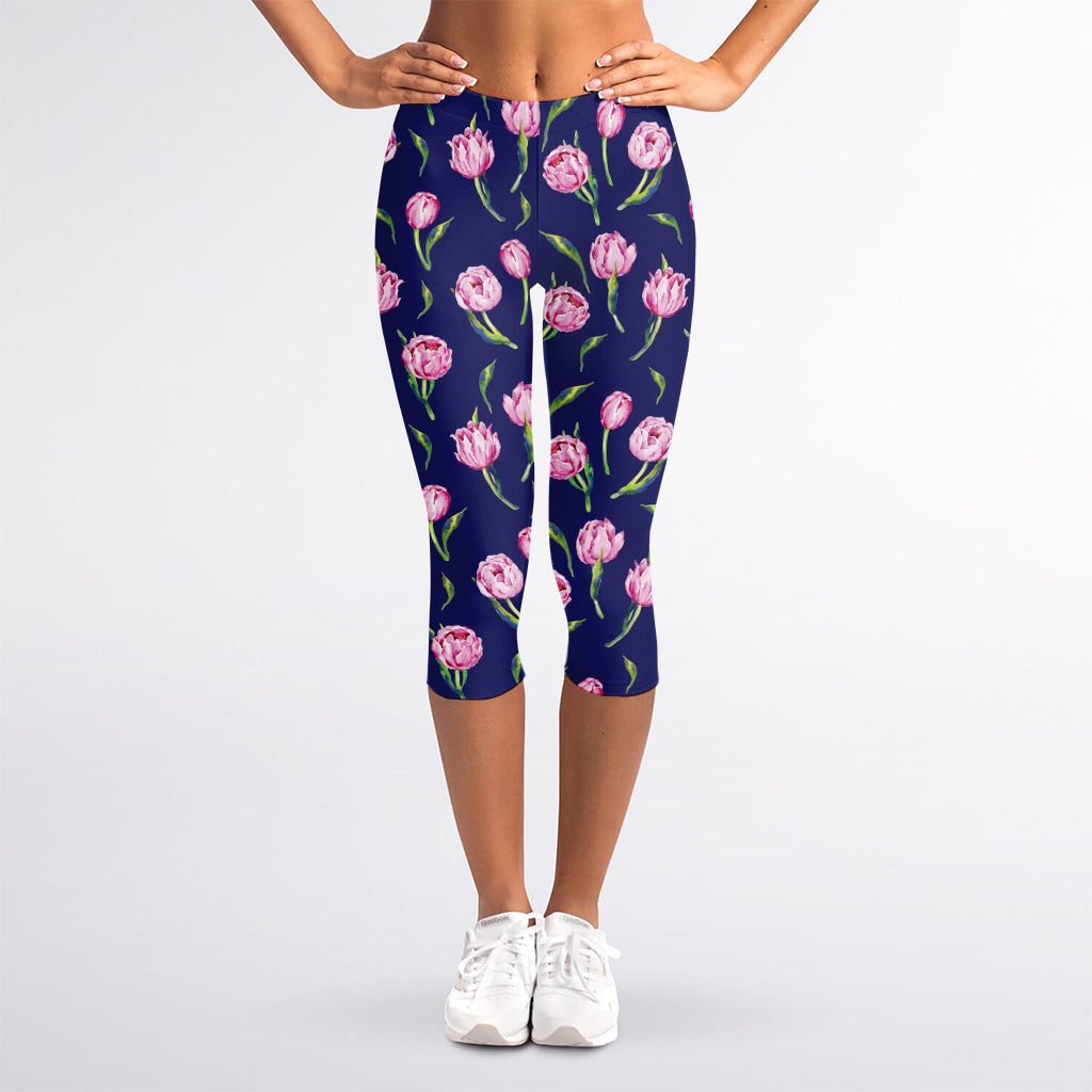 Pink Watercolor Tulip Flower Print Women's Capri Leggings