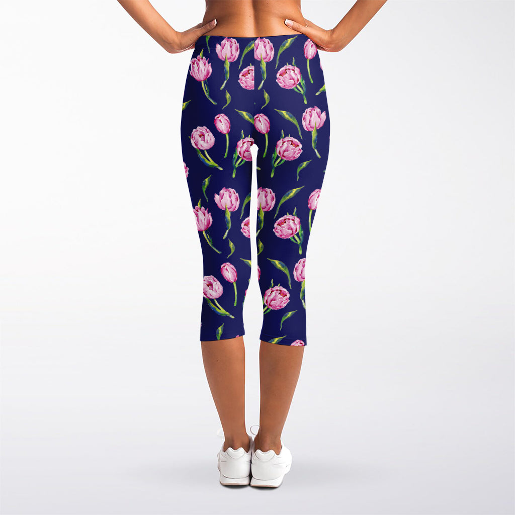 Pink Watercolor Tulip Flower Print Women's Capri Leggings