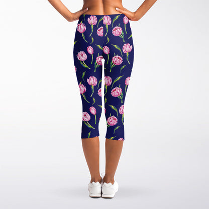 Pink Watercolor Tulip Flower Print Women's Capri Leggings