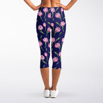 Pink Watercolor Tulip Flower Print Women's Capri Leggings