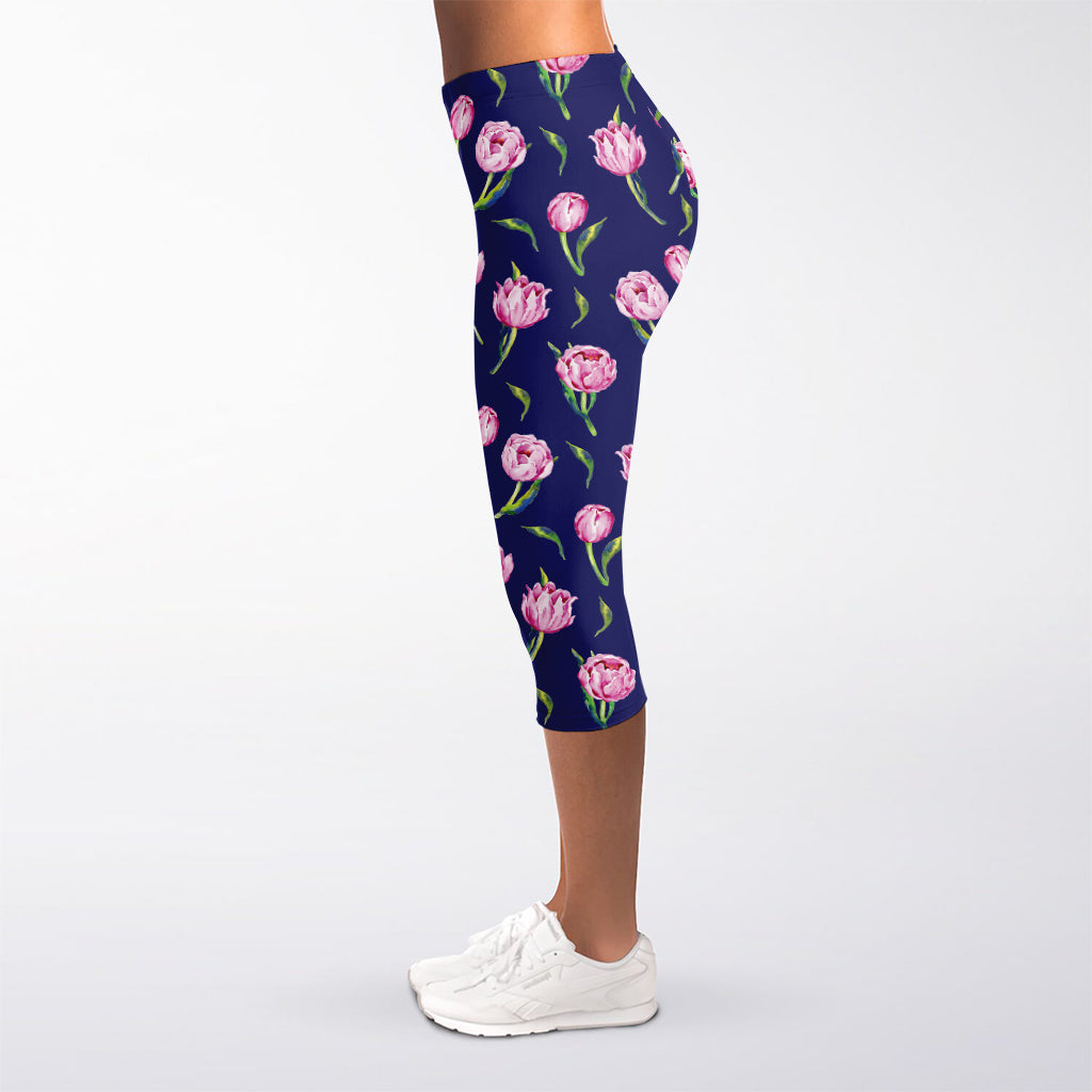 Pink Watercolor Tulip Flower Print Women's Capri Leggings