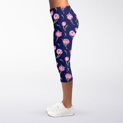 Pink Watercolor Tulip Flower Print Women's Capri Leggings