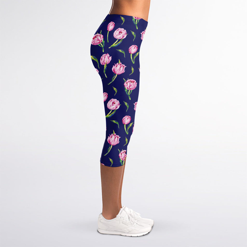 Pink Watercolor Tulip Flower Print Women's Capri Leggings