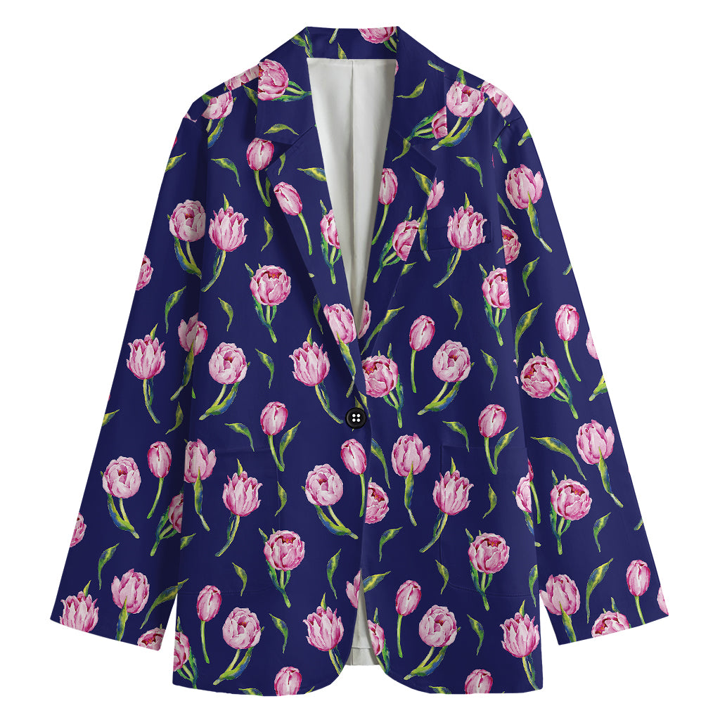 Pink Watercolor Tulip Flower Print Women's Cotton Blazer