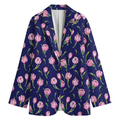 Pink Watercolor Tulip Flower Print Women's Cotton Blazer