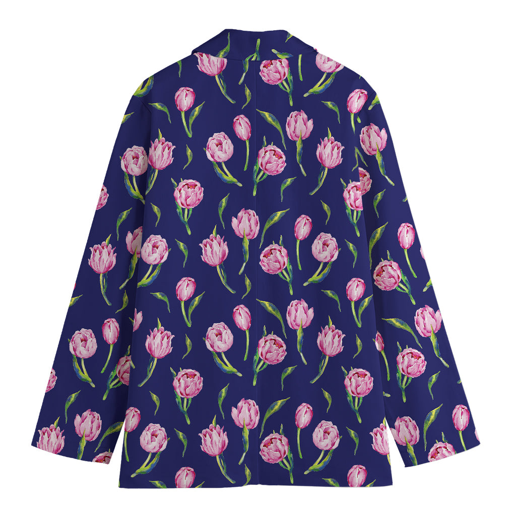 Pink Watercolor Tulip Flower Print Women's Cotton Blazer