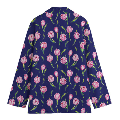 Pink Watercolor Tulip Flower Print Women's Cotton Blazer