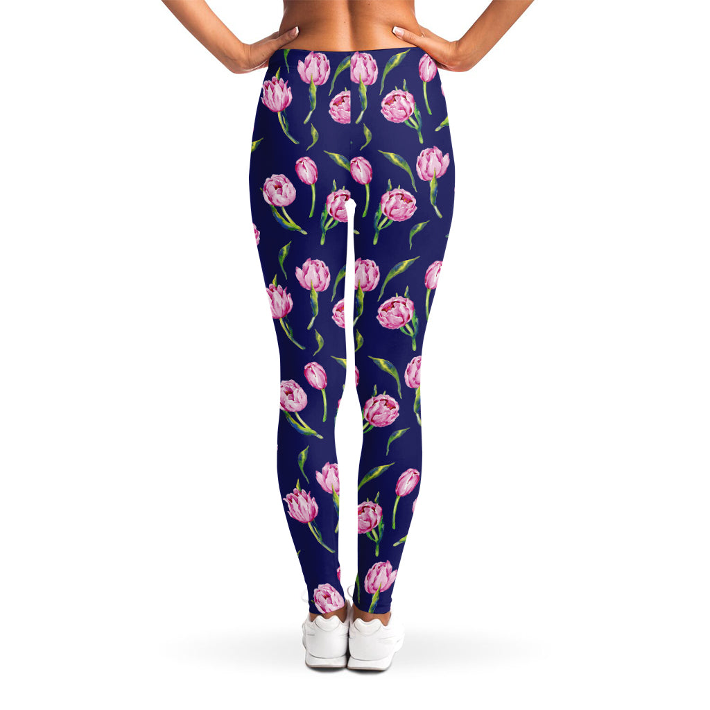 Pink Watercolor Tulip Flower Print Women's Leggings