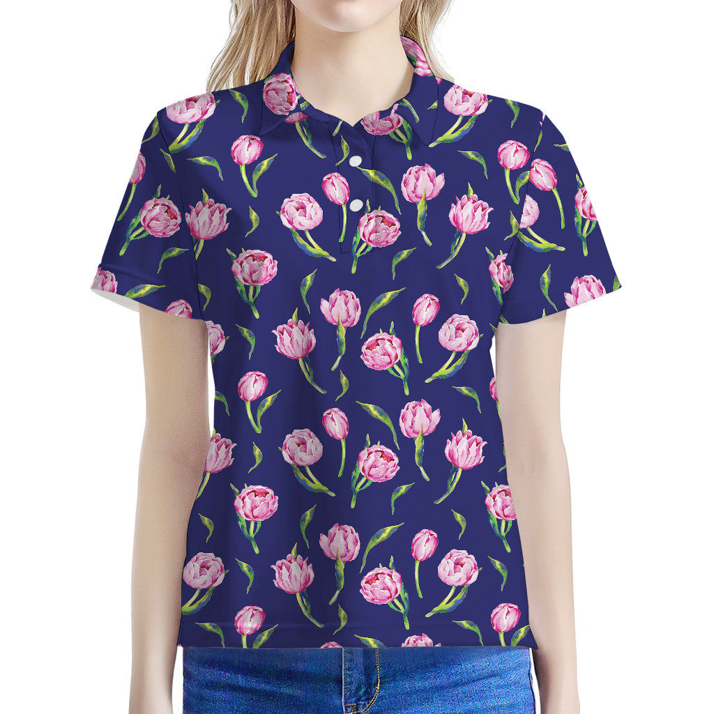 Pink Watercolor Tulip Flower Print Women's Polo Shirt