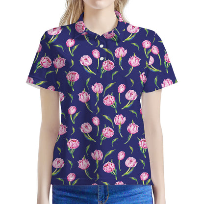 Pink Watercolor Tulip Flower Print Women's Polo Shirt
