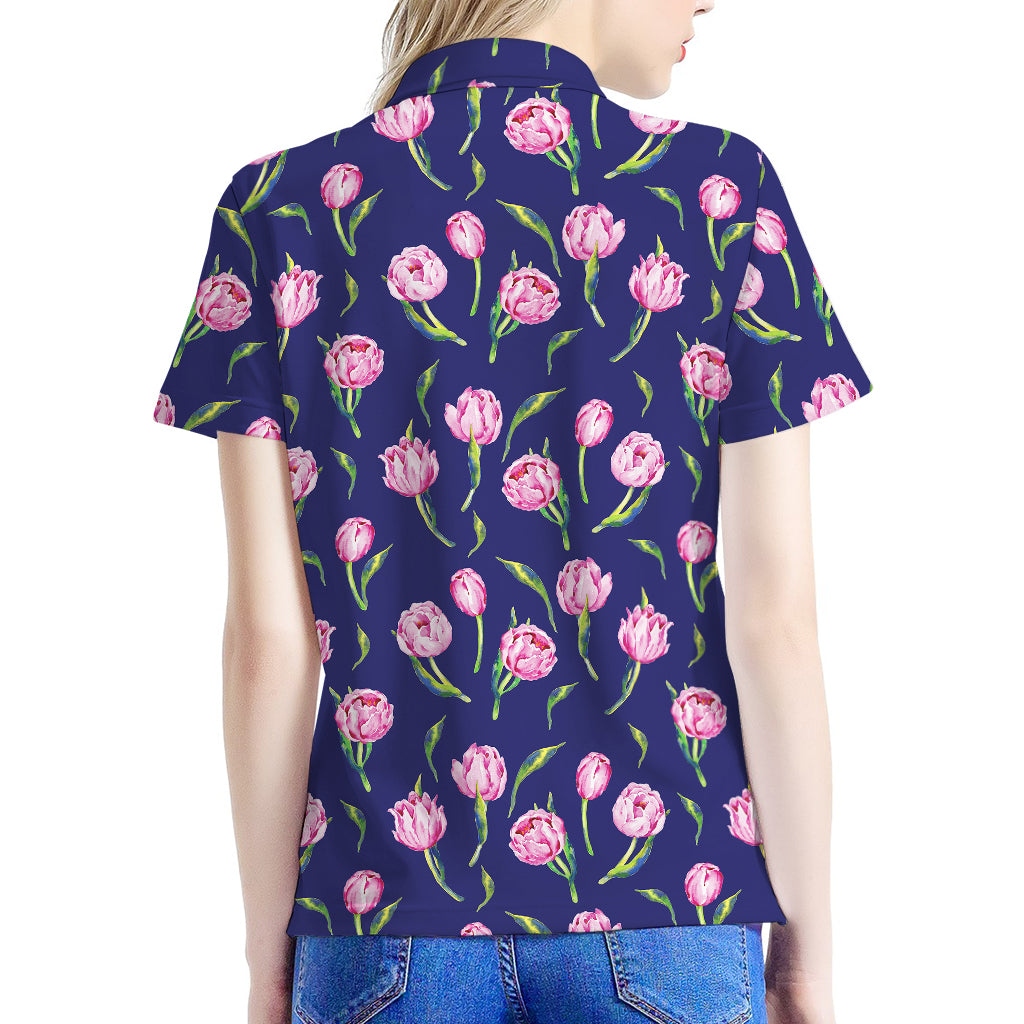 Pink Watercolor Tulip Flower Print Women's Polo Shirt