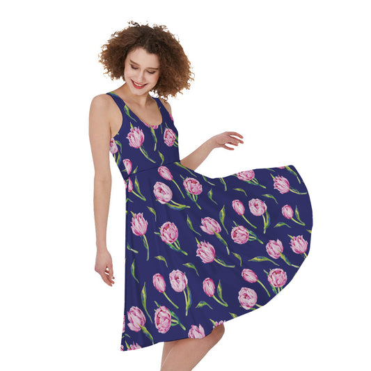 Pink Watercolor Tulip Flower Print Women's Sleeveless Dress