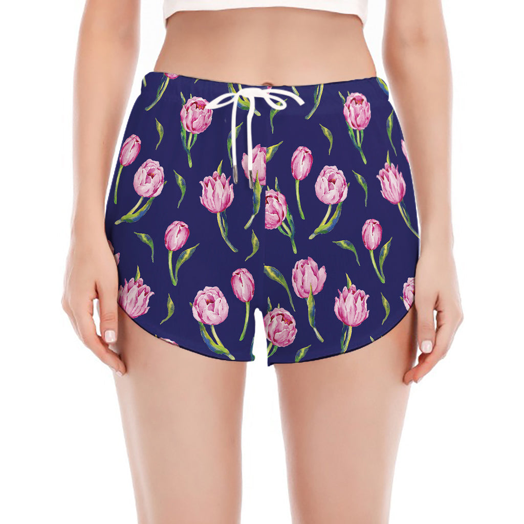 Pink Watercolor Tulip Flower Print Women's Split Running Shorts