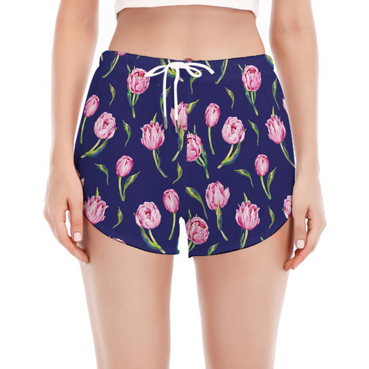 Pink Watercolor Tulip Flower Print Women's Split Running Shorts
