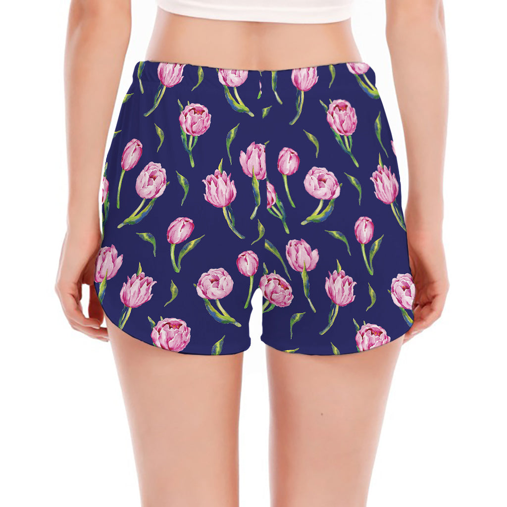 Pink Watercolor Tulip Flower Print Women's Split Running Shorts