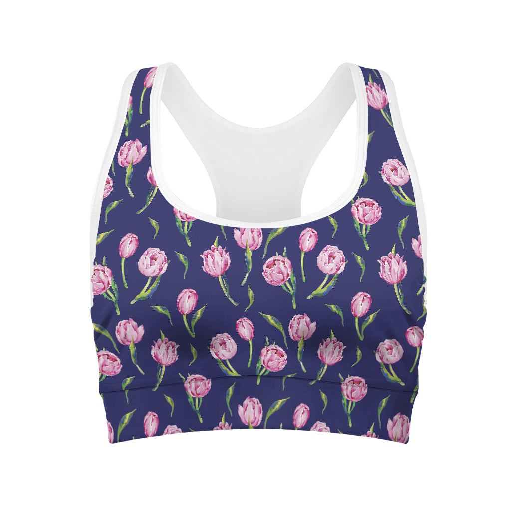 Pink Watercolor Tulip Flower Print Women's Sports Bra