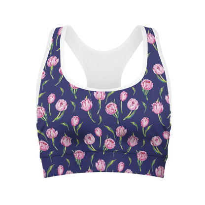Pink Watercolor Tulip Flower Print Women's Sports Bra