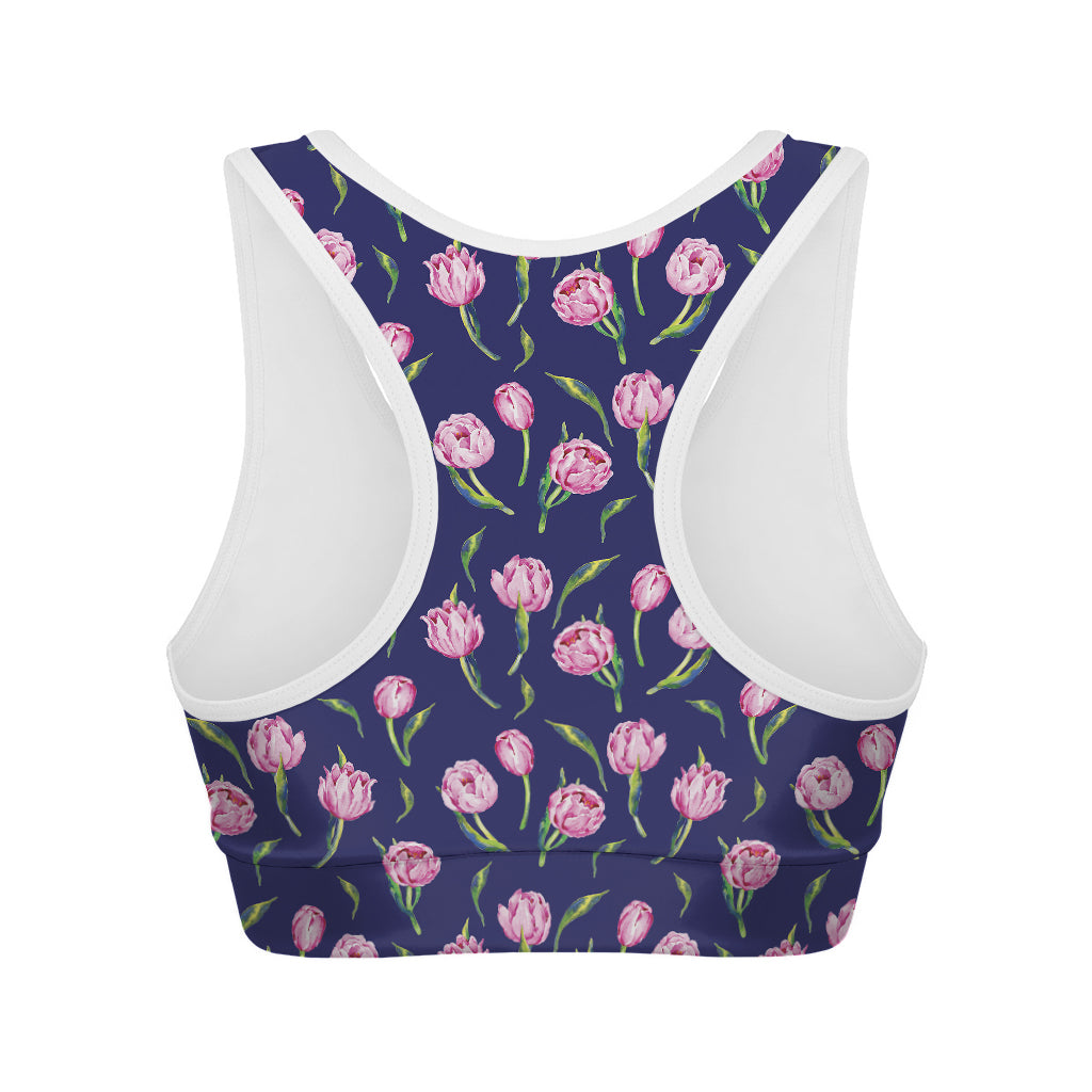 Pink Watercolor Tulip Flower Print Women's Sports Bra
