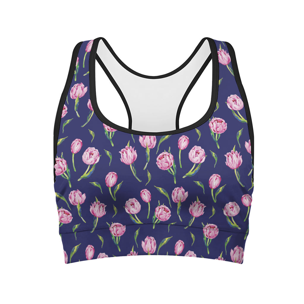 Pink Watercolor Tulip Flower Print Women's Sports Bra