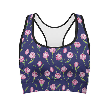 Pink Watercolor Tulip Flower Print Women's Sports Bra