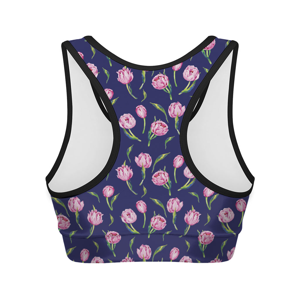 Pink Watercolor Tulip Flower Print Women's Sports Bra
