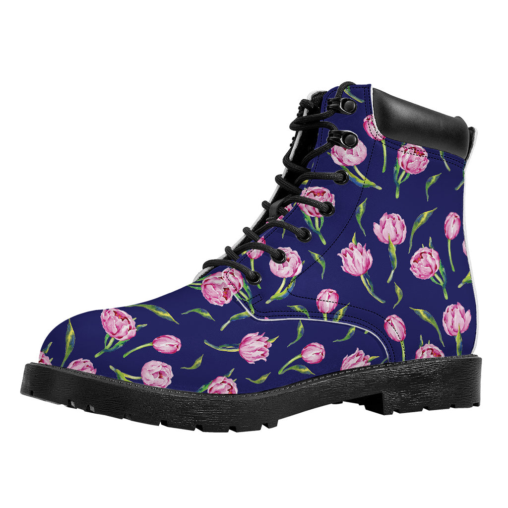 Pink Watercolor Tulip Flower Print Work Boots