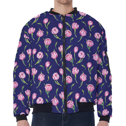 Pink Watercolor Tulip Flower Print Zip Sleeve Bomber Jacket