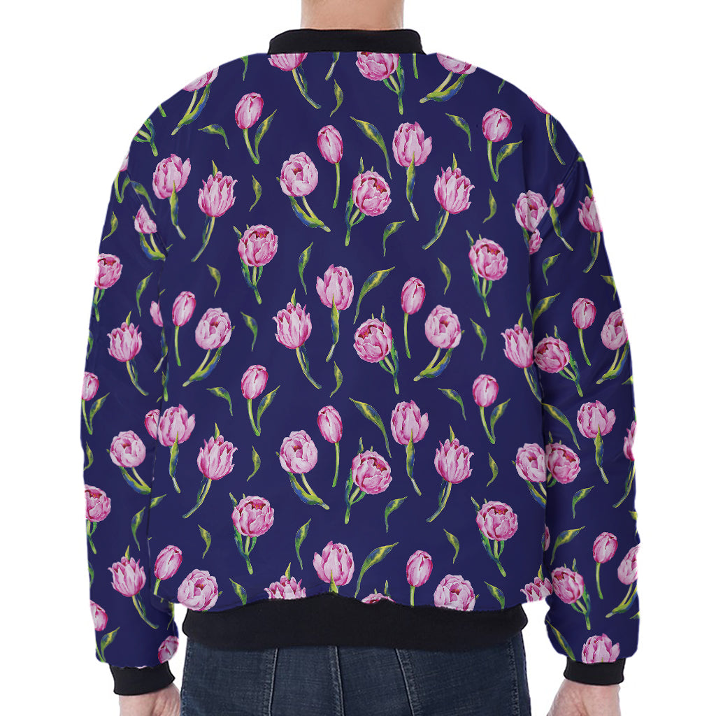 Pink Watercolor Tulip Flower Print Zip Sleeve Bomber Jacket