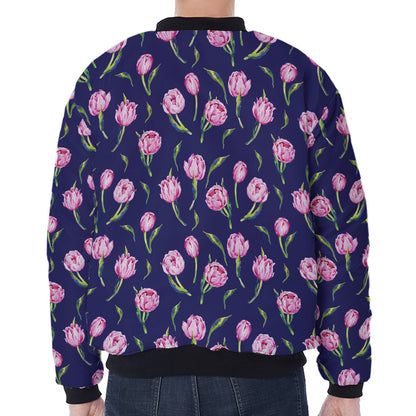 Pink Watercolor Tulip Flower Print Zip Sleeve Bomber Jacket