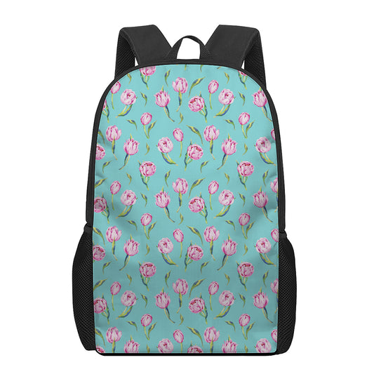 Pink Watercolor Tulip Pattern Print 17 Inch Backpack