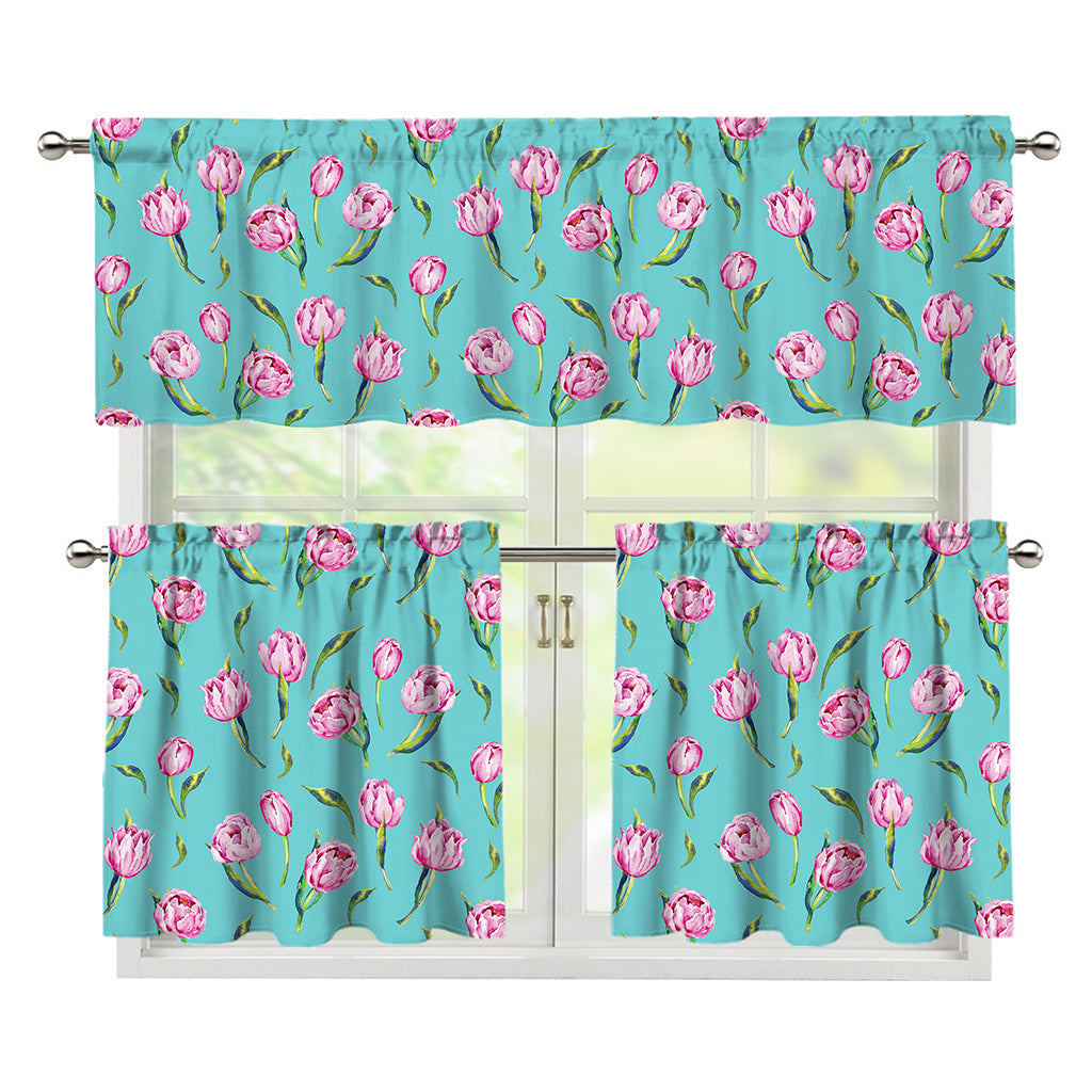 Pink Watercolor Tulip Pattern Print 3 Piece Kitchen Curtains