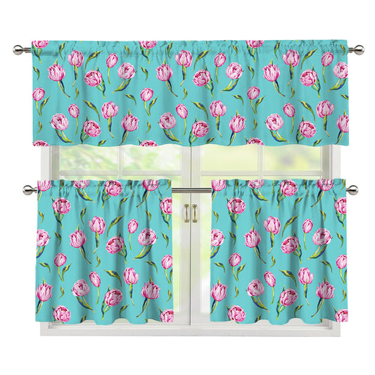Pink Watercolor Tulip Pattern Print 3 Piece Kitchen Curtains