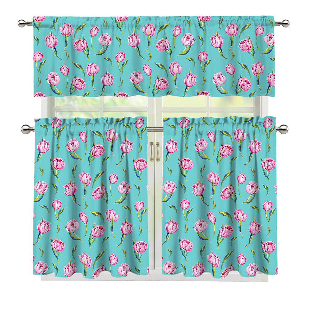 Pink Watercolor Tulip Pattern Print 3 Piece Kitchen Curtains