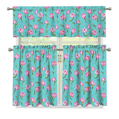 Pink Watercolor Tulip Pattern Print 3 Piece Kitchen Curtains