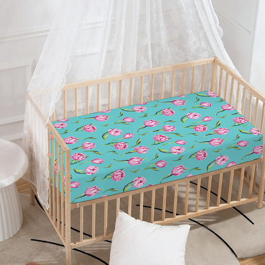 Pink Watercolor Tulip Pattern Print Baby Crib Sheet