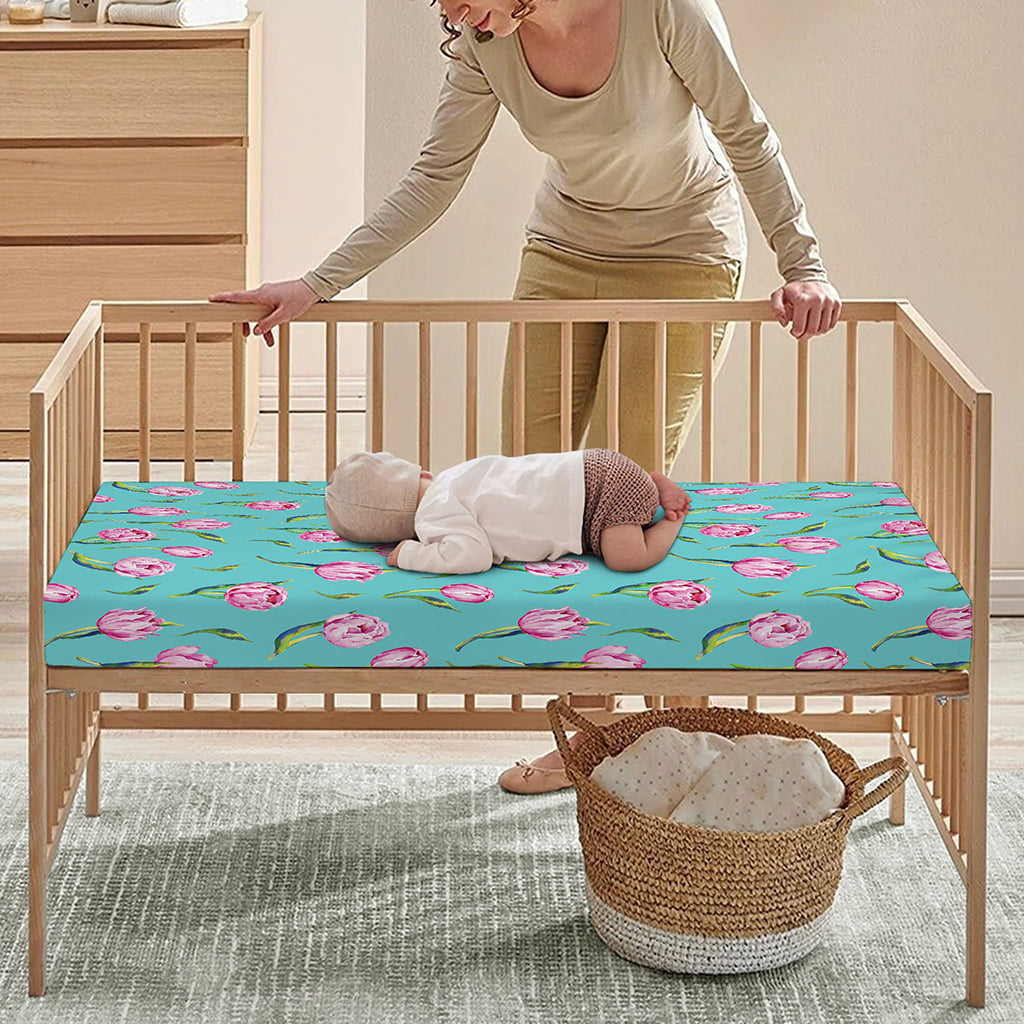 Pink Watercolor Tulip Pattern Print Baby Crib Sheet