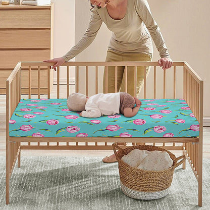 Pink Watercolor Tulip Pattern Print Baby Crib Sheet