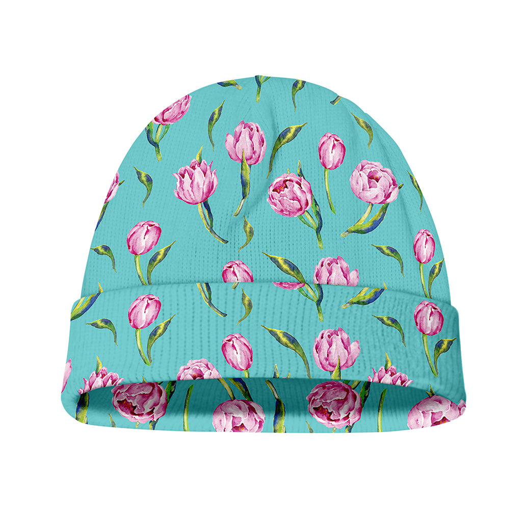 Pink Watercolor Tulip Pattern Print Beanie