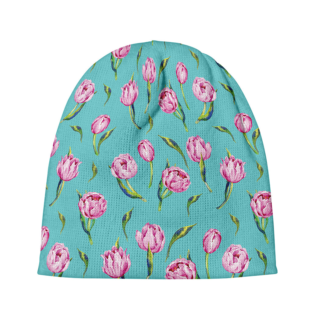 Pink Watercolor Tulip Pattern Print Beanie
