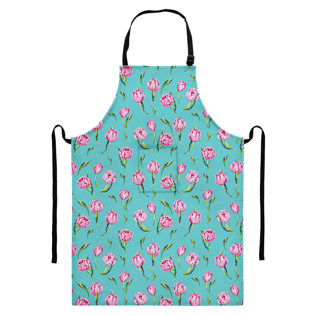 Pink Watercolor Tulip Pattern Print Bib Apron With Pocket