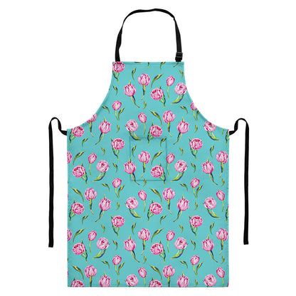 Pink Watercolor Tulip Pattern Print Bib Apron With Pocket