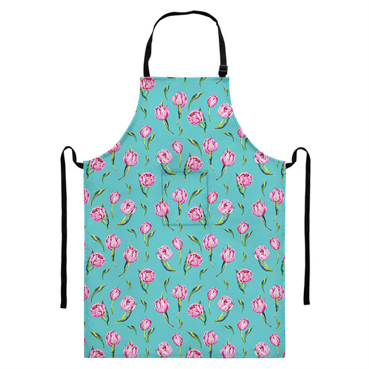 Pink Watercolor Tulip Pattern Print Bib Apron With Pocket
