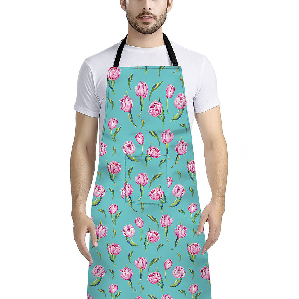 Pink Watercolor Tulip Pattern Print Bib Apron With Pocket
