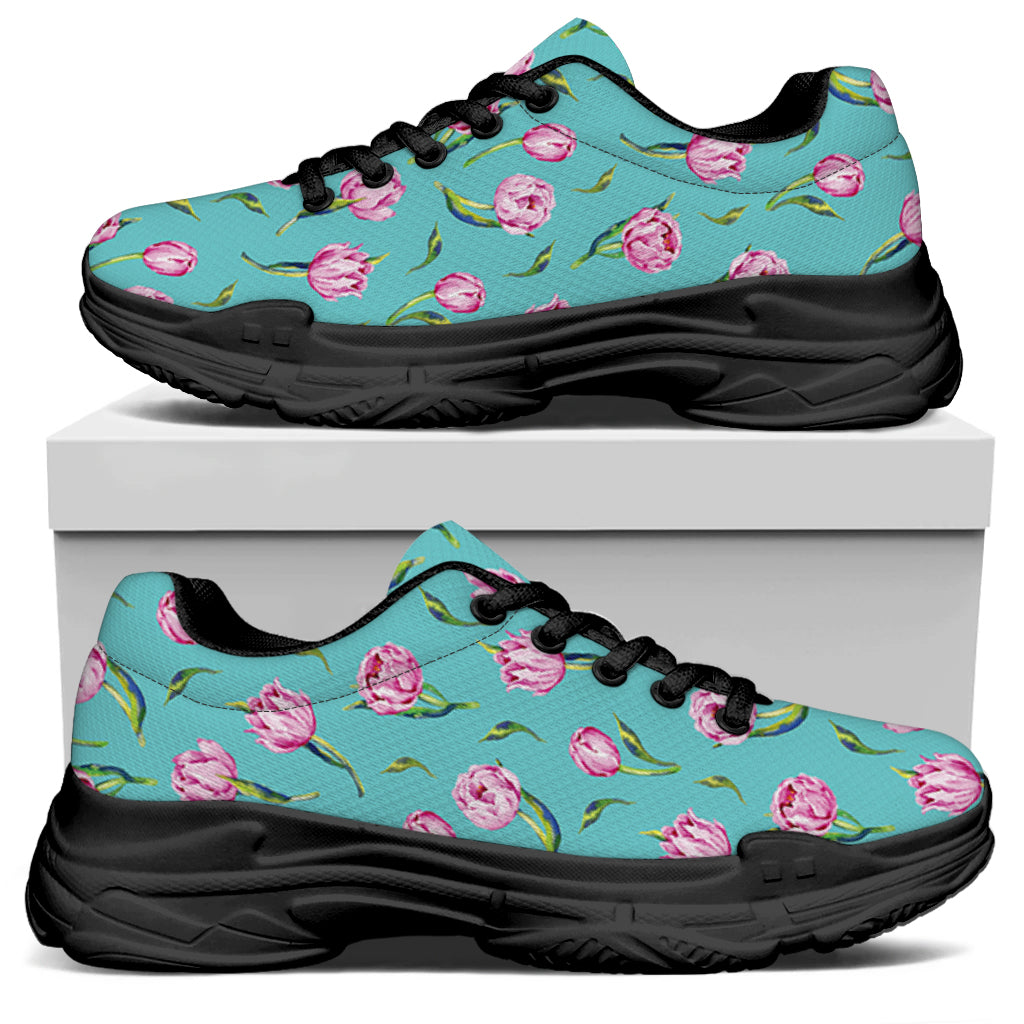 Pink Watercolor Tulip Pattern Print Black Chunky Shoes