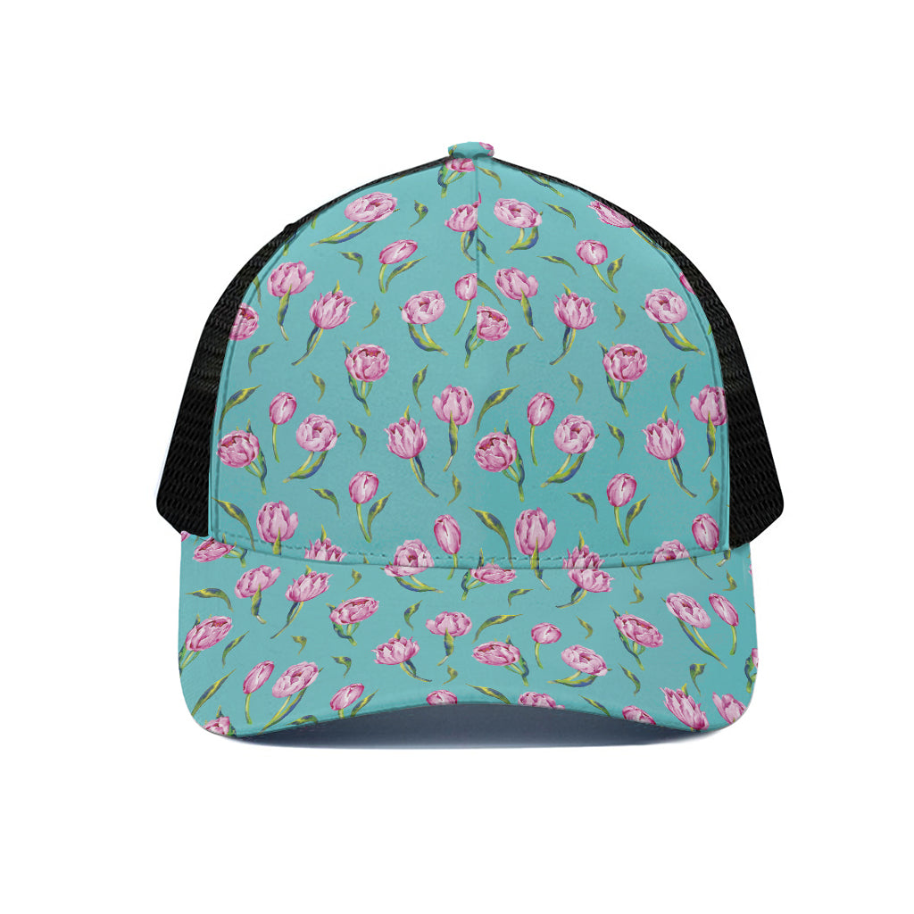 Pink Watercolor Tulip Pattern Print Black Mesh Trucker Cap