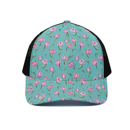 Pink Watercolor Tulip Pattern Print Black Mesh Trucker Cap