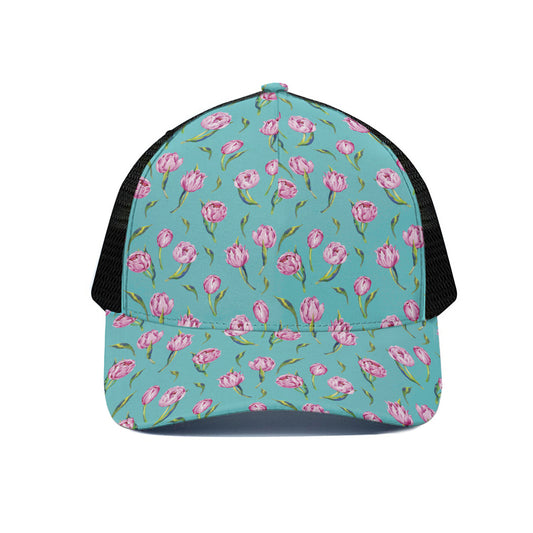 Pink Watercolor Tulip Pattern Print Black Mesh Trucker Cap
