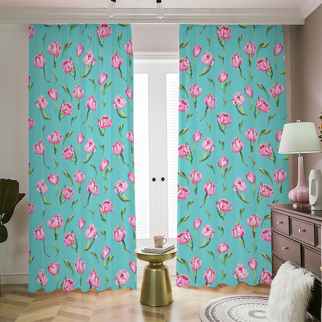 Pink Watercolor Tulip Pattern Print Blackout Pencil Pleat Curtains